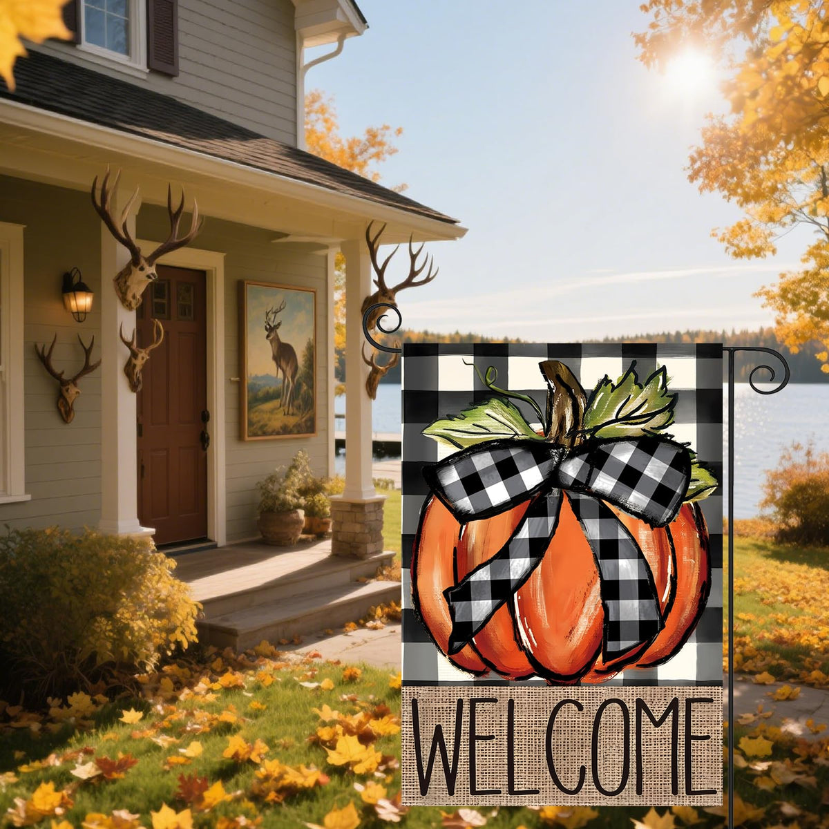 Fall Garden Flags for Outside 12x18 | Garden Flag Pumpkin Buffalo Plaid