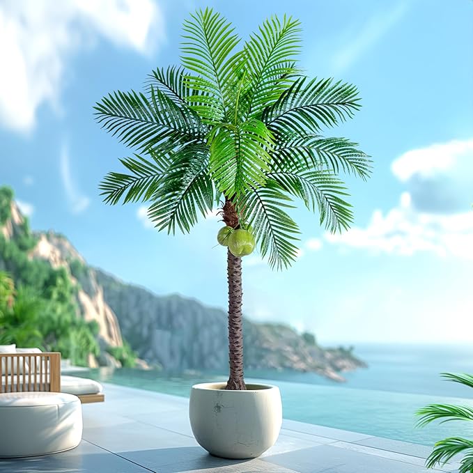 Erimda 30-Year Factory Faux Coconut Tree - 7.2FT Faux Palm Tree Realistic Thick Trunk & Heavy Duty Leaves, Hand-Carved Bark Texture, Indoor Tropical Decor for Living Room/Store, No Shiny Plastic Look