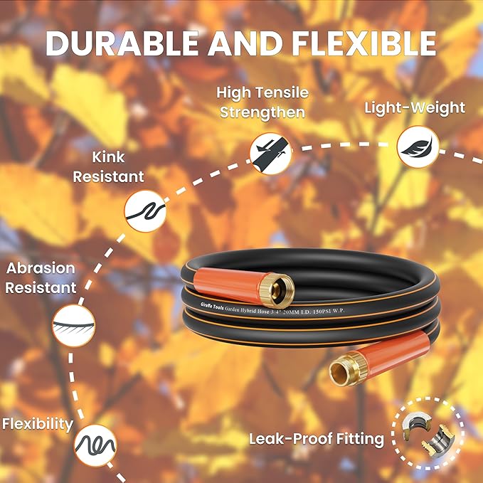 Giraffe Tools Garden Hose 12ft x 3/4", Heavy Duty Water Hose, Flexible, Hybrid Lightweight Hose with Swivel Handle, Male to Female Fittings, Burst 600 PSI
