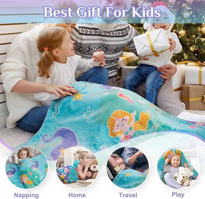 Mermaid Toys Gifts for Girls Kids - Glow in The Dark Ocean Blanket Best Birthday Christmas Valentines Easter Decor Presents for for Age 1-14 Years Old Teens Child Toddler Daughter Soft Throw 50"X60"