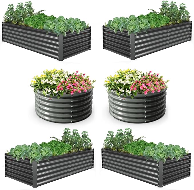 A ANLEOLIFE 6-Pack 4X4X1.5ft & 6X3X1.5ft Deep Root Galvanized Raised Garden Beds Outdoor for Planting Vegetables Flowers Herb, Quartz Grey