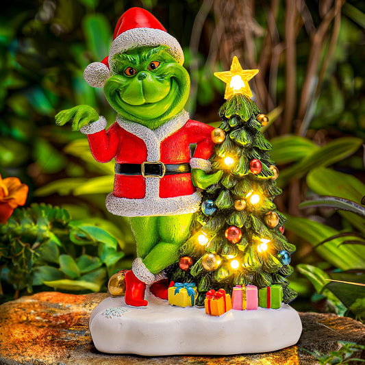 YDKOJGW Green Monster Solar Garden Statue with Christmas Tree and 6 LED Lights - Outdoor Figurine - Glossy Resin - Waterproof - Spot Clean - Christmas Decor