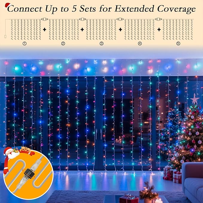 300 LED Rainbow Curtain String Lights 9.8 * 9.8FT Plug in Fairy with Timer and 8 Modes, Waterproof Window Wall Lights for Bedroom Wedding Party Indoor Outdoor Christmas Decor
