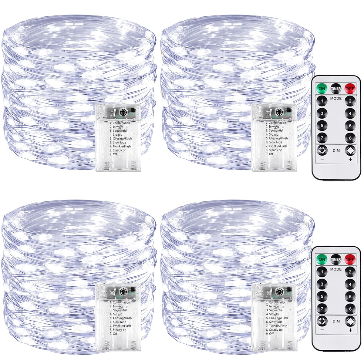 4 Pack 60 LED Fairy Lights Battery Operated with Remote, 20 FT Cool White