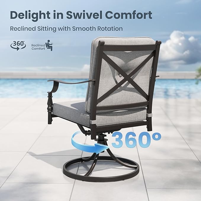 PHI VILLA 9 Pieces Outdoor Dining Set for 8, Rectangular Black Long Wrought Iron Table with Umbrella Hole & Fixed, Swivel Metal Chairs, Large Modern Furniture Set with Cushions for Patio, Deck, Porch