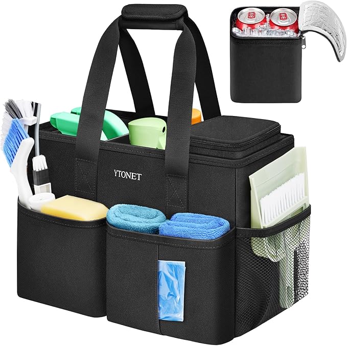 Ytonet Cleaning Caddy, Water Resistant Cleaning Supplies Organizer with Handle & Foldable Divider for Cleaners, Housekeeping Tote for Kitchen & Bathroom, Car Tool Caddy Organizer Bag, Black