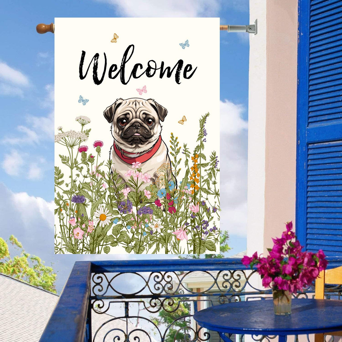 Floral Pug Garden Flag Spring Summer House Flags 28 x 40 Double Sided Flower Dog Yard Flags for Outside Large Outdoor Welcome Flags