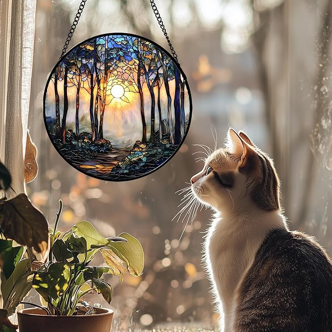 DASTOLL Stained Glass Window Hanging, Forest Sunrise Smoke Blue Brown Tree Suncatcher for Doors Window Home Landscape Sun Catchers Decor Mother's Day Birthday Gifts for Women, Men Mom 7.8 in
