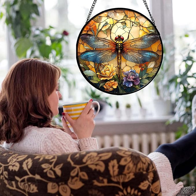 HWRHTR Stained Glass Window Hanging - Orange Blue Dragonfly Flower Suncatcher for Doors Window Home Sun Catchers Decor Christmas Mother's Day Birthday Outdoor Gifts for Women Men Mom Nana 9.8 in