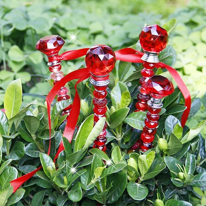 119Pcs Garden Stake DIY Fairy Wand Plant Stake with Red Large Hole Beads Crystal Diamond Stopper Top 4 Stainless Steel Threaded Rod Beaded Garden Stakes for Outdoor Indoor Yard Patio Decorations