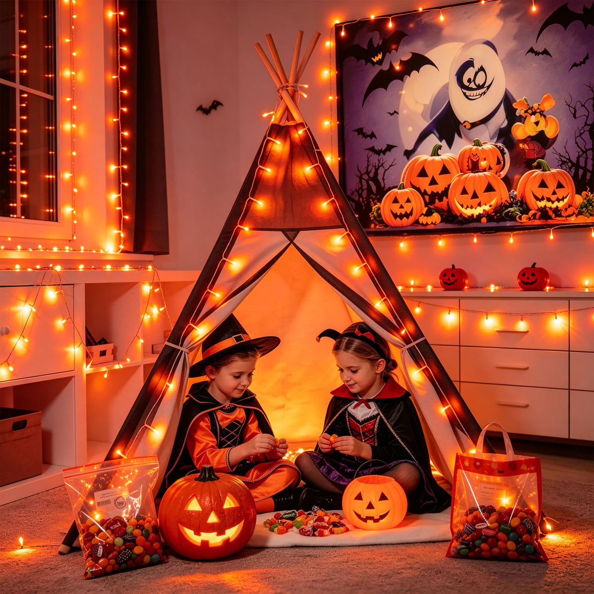 JMEXSUSS 400 LED Orange Lights for Halloween Decor, Plug in with Remote