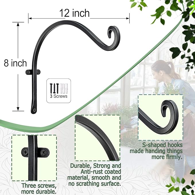 AJART Hanging Plant Hanger Outdoor - 12-inch Black Bird Feeder Wall Hooks - Plant Hooks for Hanging Flower Baskets on Garden, Balcony, Fence - Best Choice for Home Garden Enthusiasts