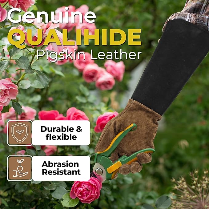 HANDLANDY Long Gardening Gloves for Men & Women, Pigskin Leather Rose Pruning Gloves, Breathable Thorn Proof Gauntlet Glove (Brown-Pigskin, M)