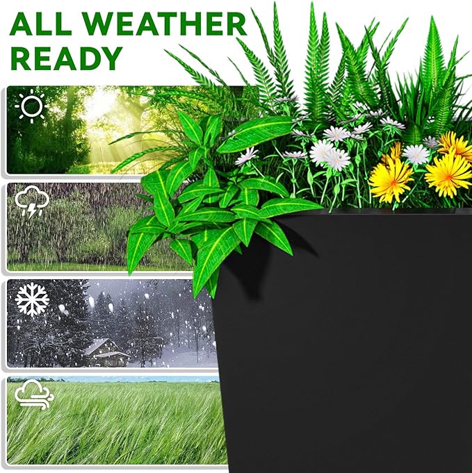 POOAMY Metal Planter 2 Pack, 15L x 15W x 30H, Heavy Duty Tall Planters for Outdoor Plants, Black Planters with Removable Insert Shelf, Large Planters with Drainage Holes for Porch, Patio, Black