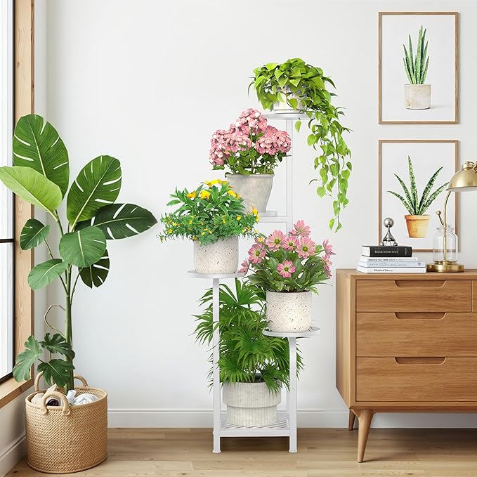TOSKING 5 Tier Tall Plant Stand Indoor Outdoor, Heavy Duty Corner Shelf for Plants & Decor, Space Saving 3.9FT Metal Flower Pot Stand for Balcony, Garden, Living Room, Patio (White, 47in)
