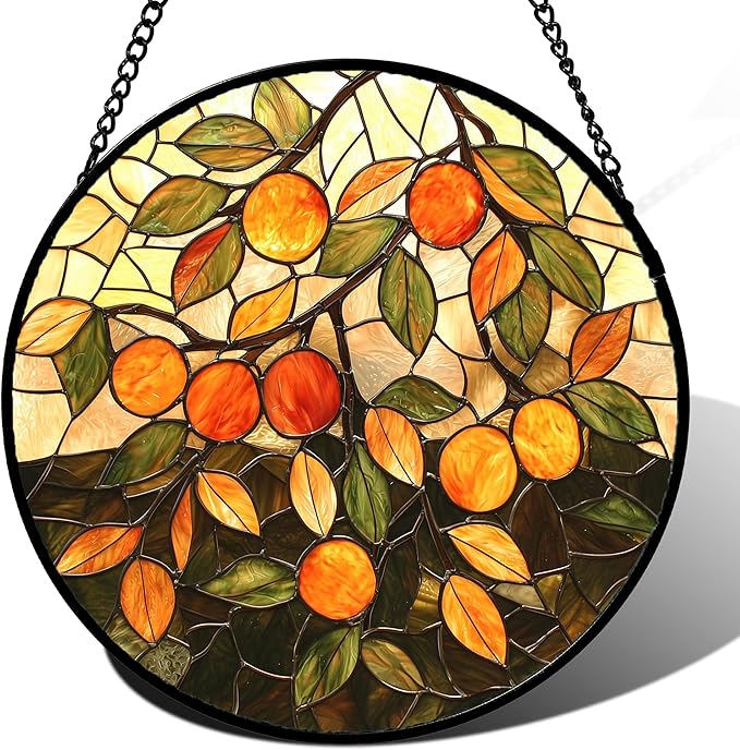 AMDERVEN Stained Glass Suncatcher, Orange Green Fruit Tree Sun Catcher Landscape Stain Glass Window Hanging Decoration Mother's Day Birthday Gifts for Women Men Mom Nana 6.3 in