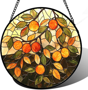 AMDERVEN Stained Glass Suncatcher, Orange Green Fruit Tree Sun Catcher Landscape Stain Glass Window Hanging Decoration Mother's Day Birthday Gifts for Women Men Mom Nana 6.3 in