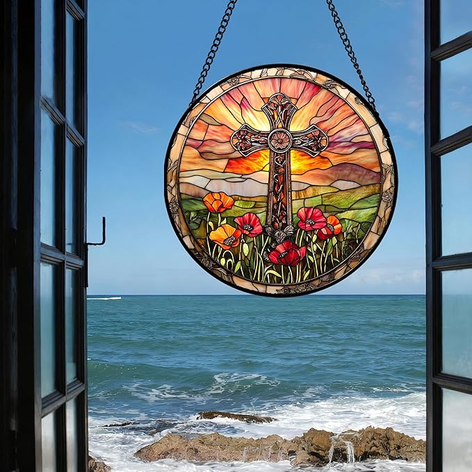 JOSUMALY Christian Gifts for Women - Cross Stained Glass Window Hanging Jesus Easter Poppy Sunset Landscape Sun Catcher Garden Religion Decor Mother's Day Catholic Gift for Men Grandma Mom Her 6.3"