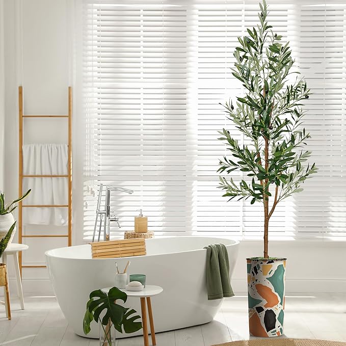 Artificial Tree in Modern Geometric Pattern Planter, Fake Olive Silk Tree for Indoor and Outdoor Home Decoration - 68" Overall Tall (Plant Pot Plus Tree)