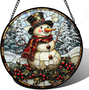 Stained Glass Window Hanging - Christmas Snowman Suncatcher for Door Terrace Garden Home Decor Winter Forest Snow Sun Catcher Birthday Gifts for Lovers Women Men Dad Mom Nana 15 in