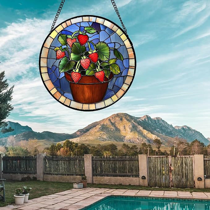 Stained Glass Window Hanging Red Strawberry Potted Plants 7.8" - Suncatcher Door Garden Sun Catcher Fall Home Decor Birthday Christmas for Mom Men Woman Nana Friend