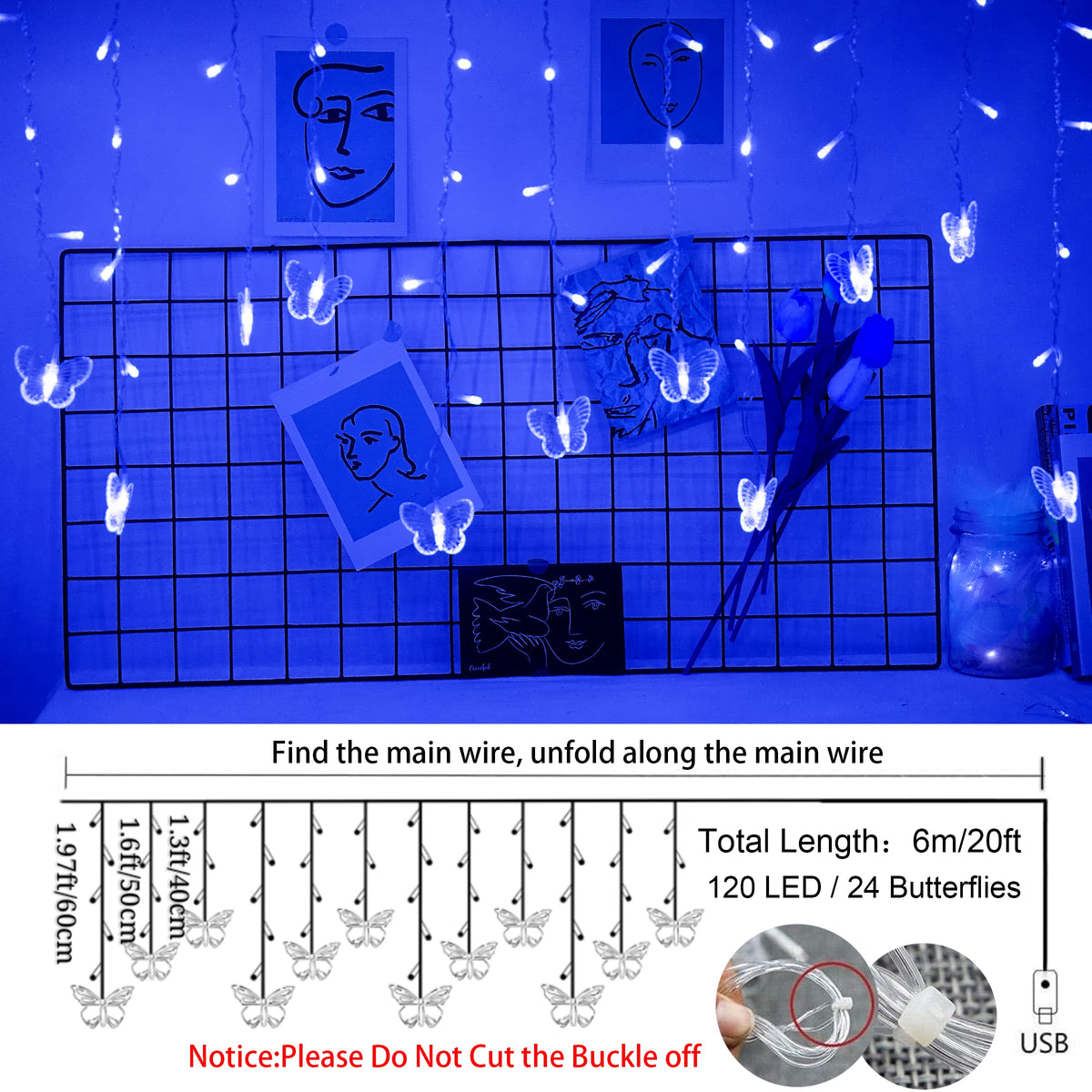 Blue Butterfly Curtain Fairy Lights USB Plug in,120 LED 8 Modes 20FT Firefly Twinkle Icicle String Lights with Remote Timer Waterproof for Bedroom Christmas Wedding Party Dorm Decor