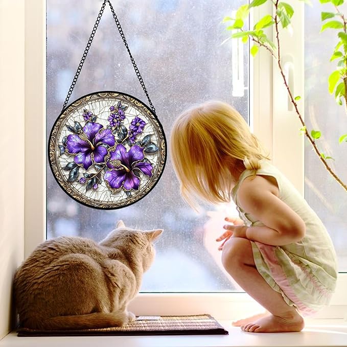 Stained Glass Window Hanging, Purple Flowers Romantic Suncatcher for Doors Home Sun Catchers Decoration and Christmas, Mother's Day Birthday Gifts for Women, Men, and Mom 9.8 in
