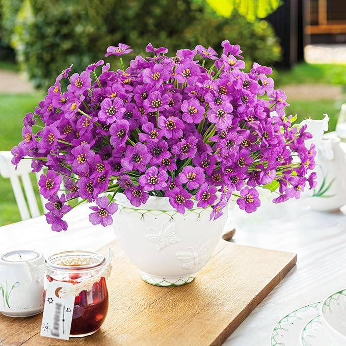 Uieke 72PCS Artificial Flowers for Outdoors UV Resistant Faux Plants Outdoor Fake Flowers for Outside Home Porch Window Box Spring Summer Décor (Purple)