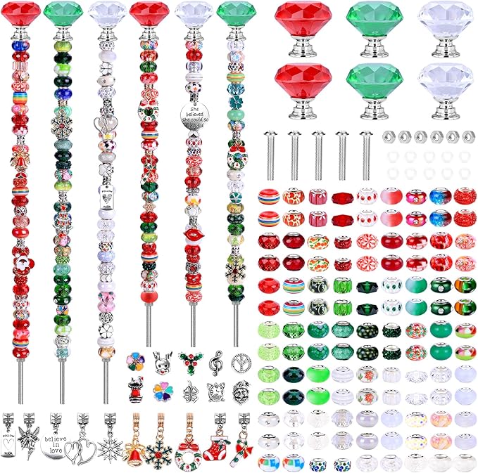 DIY Fairy Wand Garden Beads Stakes Wands Kit,Multiple Color Scheme European Beads Crystal Diamond Tops and 12 or 10 Inch Threaded Rods,Stainless Steel Stakes with Diamond Toppe(red+green+white)