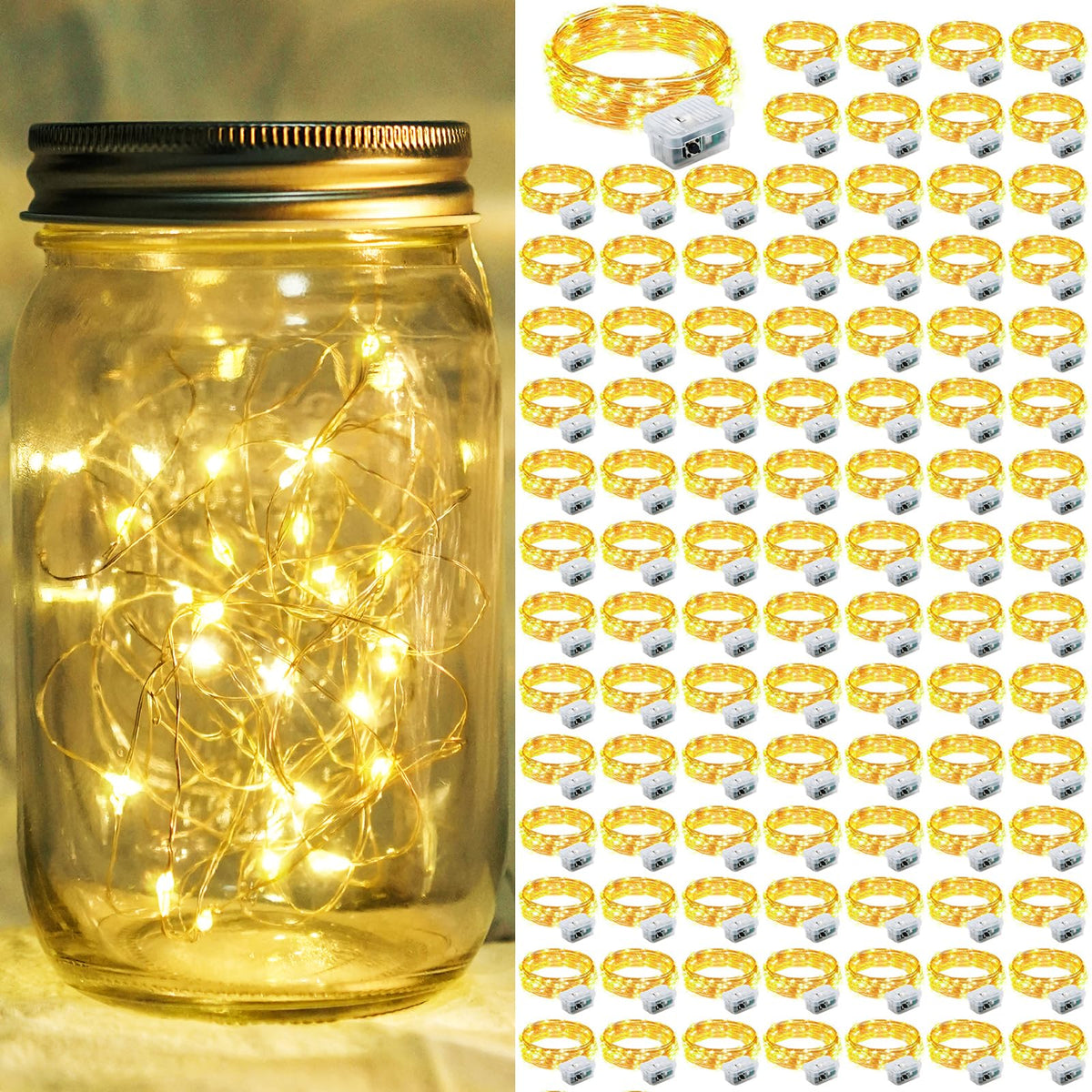chzk 100 Pack Fairy Lights 7Ft 20 LED Twinkle String Lights 3 Modes Battery Operated Waterproof Firefly Starry for Mason Jar Wedding Birthday Party Table Centerpieces Bedroom Christmas,Warm White