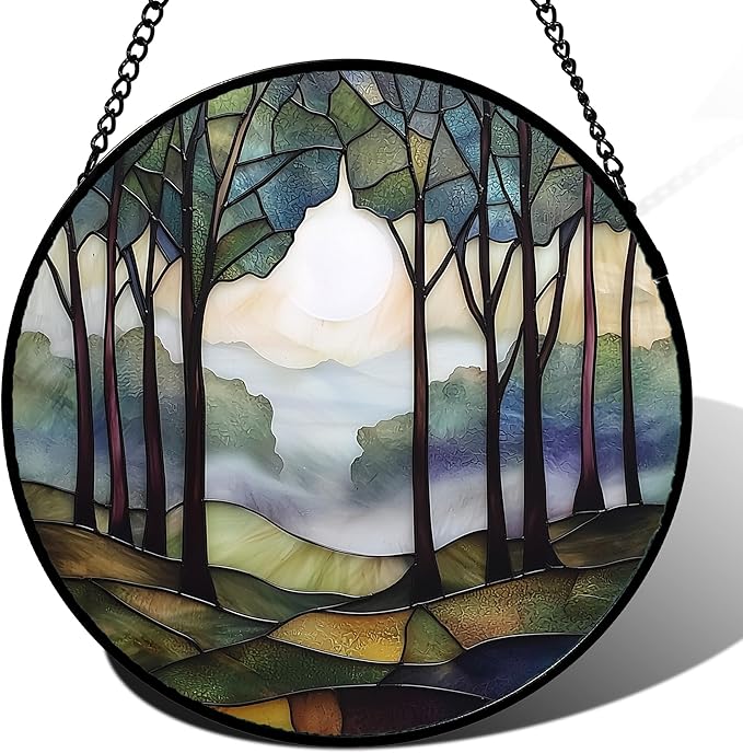 DASTOLL Stained Glass Window Hanging, Green Brown Smoke Forest Moon Suncatcher for Doors Window Home Tree Sun Catchers Decor Mother's Day Birthday Gifts for Women, Men Mom 11.8 in