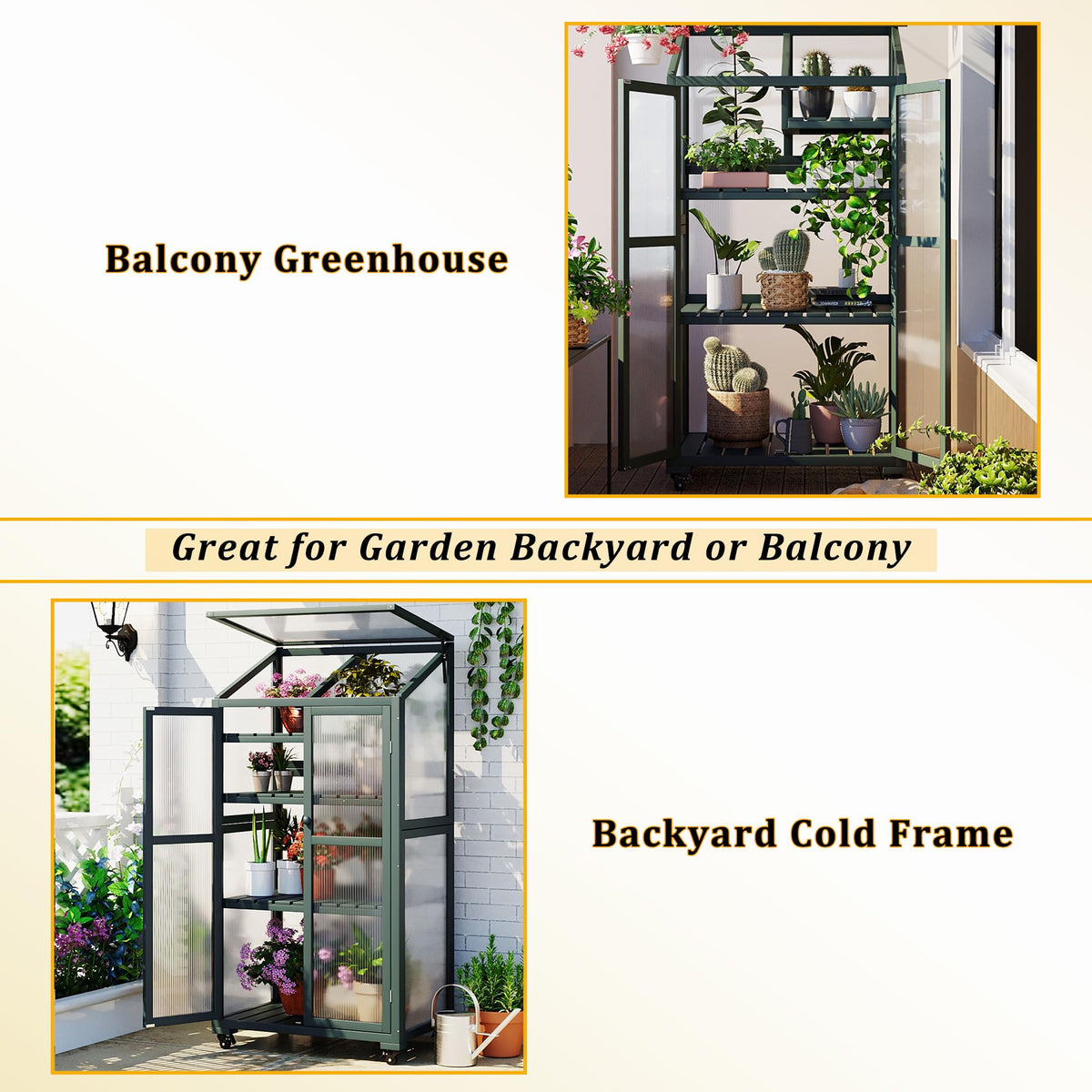 62" Wooden Greenhouse with Wheels - Adjustable Shelves Portable Cold Frame for Balcony/Patio, UV-Resistant Indoor Outdoor Plant Growing Cabinet (Large, Heavy-Duty) (Green)
