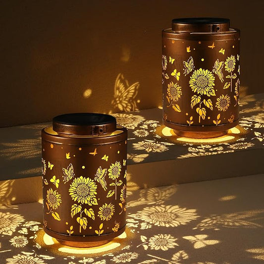 Tepaken 2 Pack Solar Outdoor Lanterns, Garden Decor LED Light Hanging Waterproof Solar Metal Lantern Birthday Gifts for Women Mon Grandma Sunflower Solar Lights Outdoor Decoration(Butterflies)