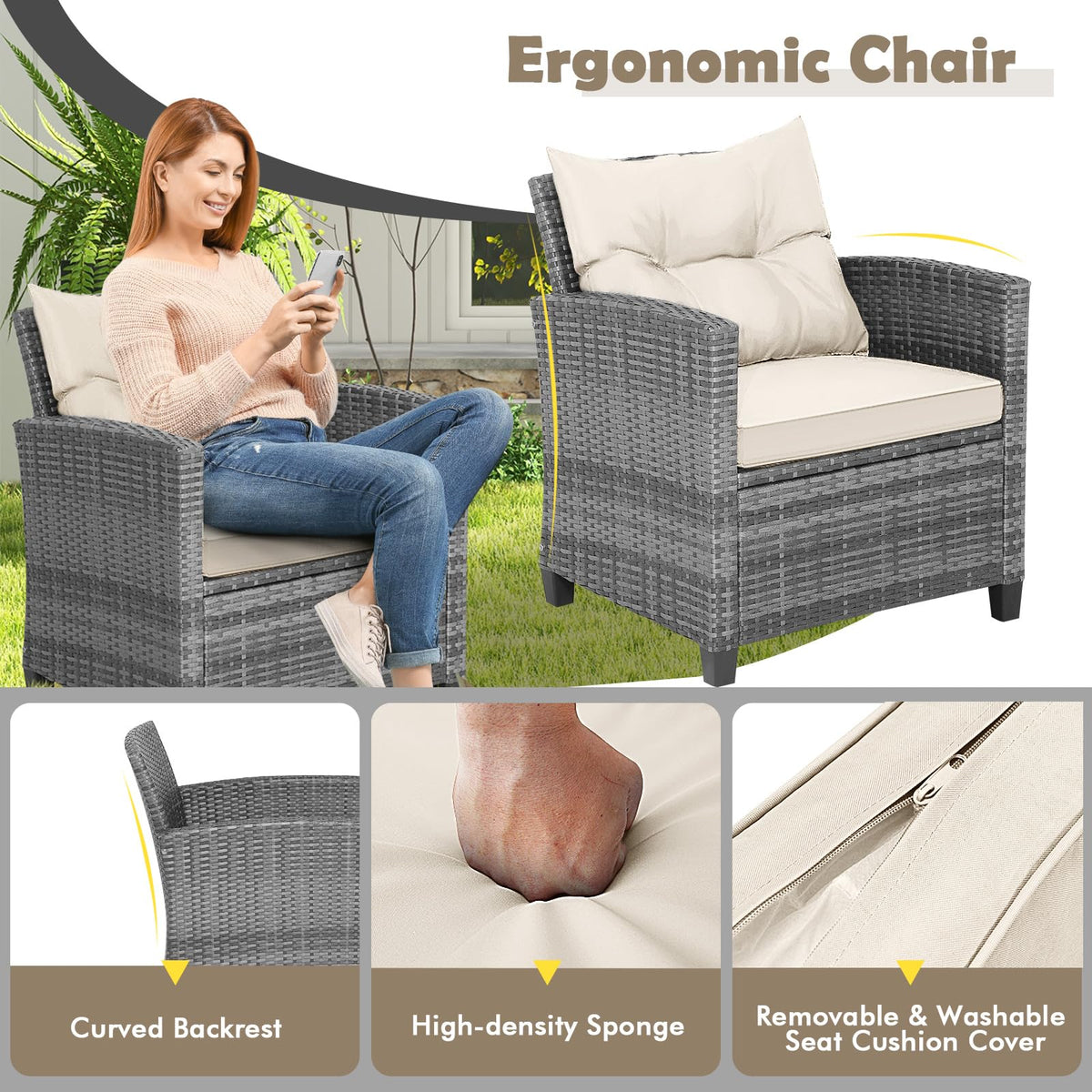 Tangkula 3 Pieces Patio Furniture Set, PE Rattan Wicker 3 Pcs Outdoor Sofa Set w/Washable Cushion and Tempered Glass Tabletop, Conversation Furniture for Garden Poolside Balcony (Mix Grey-White)