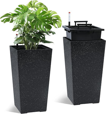 22.5" Tall Self Watering Planters Set of 2, Indoor Outdoor Plant Pots with Water Level Monitor & Drainage Holes, Automatic Watering System for Patio Garden Decor, Black