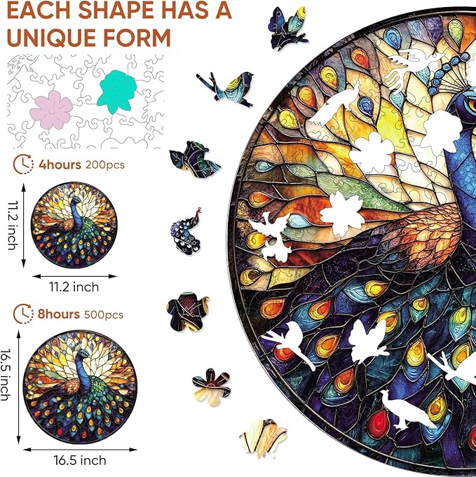 Qiuenisray Jigsaw Puzzles for Adults 200 Pieces, Beautiful Wooden Puzzles Stained Glass Peacock, FSC Certified Unique Shape Adult Puzzles, for Family Friend 11.2 x 11.2 in