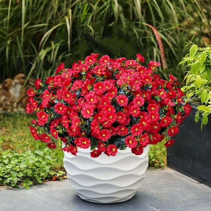Artificial Outdoor Flowers 16 Bundles Fake Morning Glory Flower Outdoor UV Resistant Plastic Faux Flowers Plants for Decoration Indoor Outdoor Hanging Window Box Planter Home Porch Decor (Red)