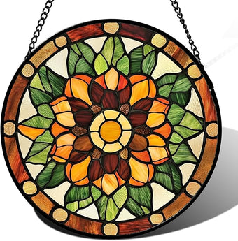 AMDERVEN Stained Glass Window Hanging - Yellow Green Boho Style Flowers Sun Catcher for Door Garden Home Decor Suncatcher Christmas Mother's Day Birthday Gifts for Women Mom Girl Nana Friend 7.8 in