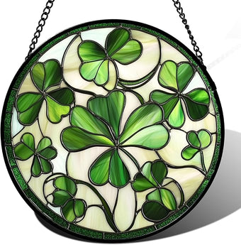 Stained Glass Window Hanging - Ireland Green Lucky Clover Suncatcher for Doors Garden St. Patrick's Day Sun Catchers Decor Mother's Day Birthday for Women Men Mom Nana 11.8 in