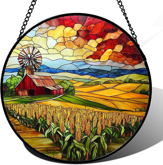 HWRHTR Stained Glass Window Hanging Autumn Farm Corn Harvest Landscape Large 11.8" - Suncatcher Garden Door Sun Catcher Home Decor Birthday Christmas for Woman Mom Friend Men Nana
