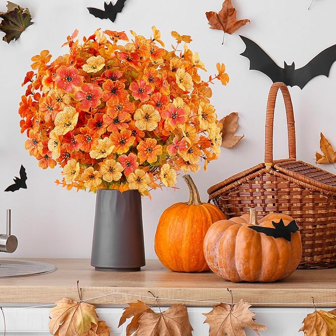 AGIRL 16 Bundles Artificial Fall Flowers Outdoor Indoor Decoration,No Fade Autumn Fake Plastic Plants with Eucalyptus Leaves,Faux Mums for Thanksgiving Garden Front Door Porch Patio Fall Decor
