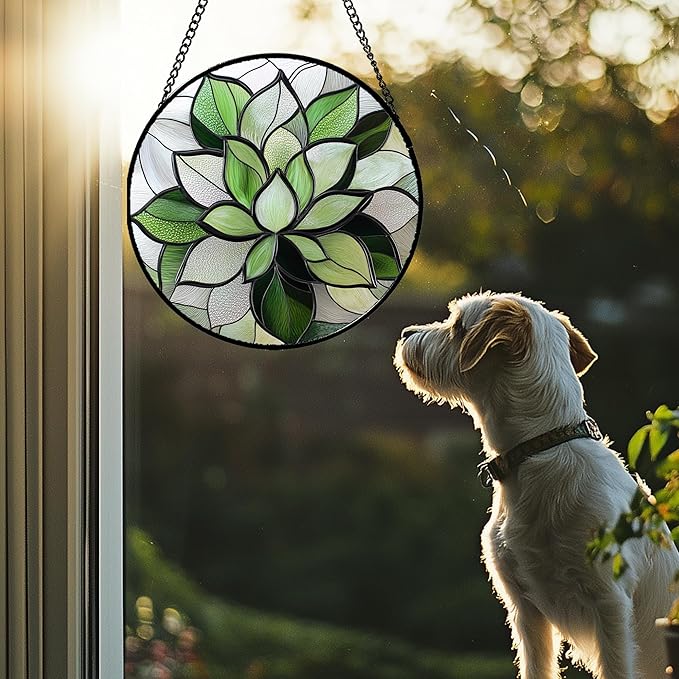 Stained Glass Window Hanging - Ireland Green Plants Suncatcher for Doors Garden Succulent Sun Catchers Decor Mother's St. Patrick's Day Birthday for Women Men Mom Nana 11.8 in