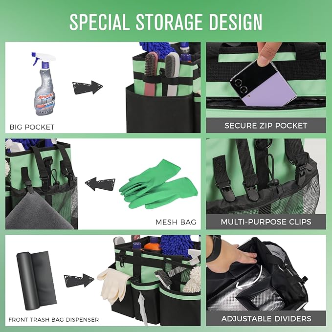Wearable Cleaning Caddy, Cleaning Caddy Supplies Organizer with Handle & Shoulder Straps for Housekeepers, Under Sink & Car Cleaning Tool Organizers Bag with 4 Foldable Divider (MintGreen)