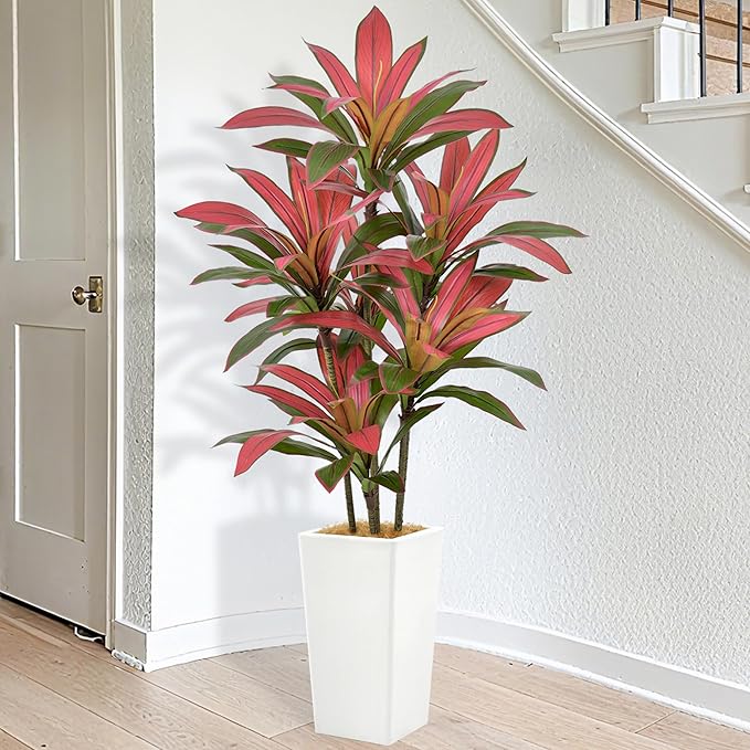 Roselywed Artificial Red Dracaena Tree 5FT with 90 Leaves & 6 Heads & White Tall Planter Cover with Coconut Fiber Tall Faux Tropical Silk Bicolor Plant 60 Inch for Indoor Home Office Porch Mall Decor