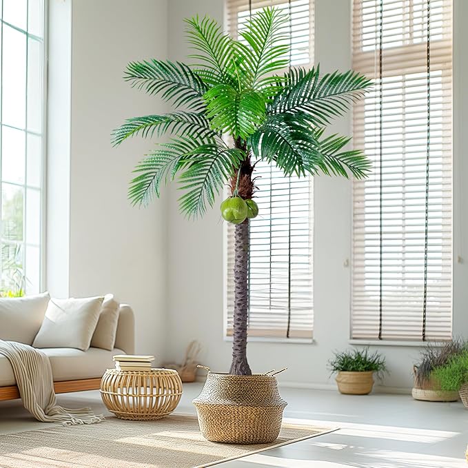 Erimda 30-Year Factory Faux Coconut Tree - 7.2FT Faux Palm Tree Realistic Thick Trunk & Heavy Duty Leaves, Hand-Carved Bark Texture, Indoor Tropical Decor for Living Room/Store, No Shiny Plastic Look