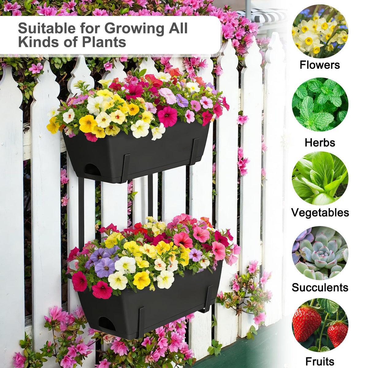 2 Tier Railing Planter Box Set of 2, 4 Pack Black Window Boxes Planters
