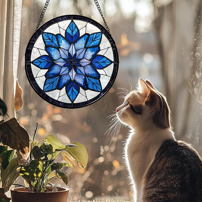 Stained Glass Window Hanging - Blue Snowflake Flowers Suncatcher for Doors Garden Patio Boho Sun Catchers Decor Christmas Mother's Day Birthday Gifts for Women Men Mom Nana Friend 11.8 in