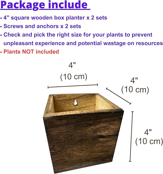 LaLaGreen Wood Planter Box for Plants (4x4 Inch, 2 Pack) Small Square Wall Planters for Indoor Plant, Window Hanging Flower Pot Wooden Boxes for Table Centerpiece Herb Balcony Home Garden Office Decor