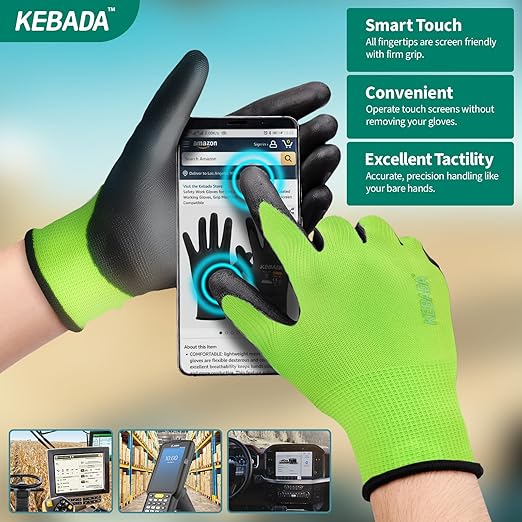 Kebada W1 Work Gloves for Men and Women, Touchscreen PU Coated Gloves with Grip, 50 Pairs Bulk Pack, Ideal for Warehouse Package Handling, Construction, Gardening, Green Small