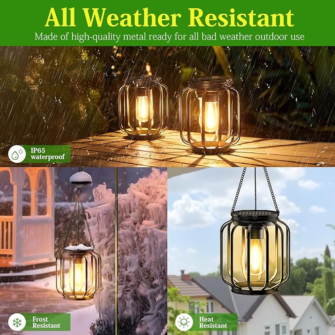 Solar Hanging Lanterns Outdoor: 2 Pack Metal Solar Hanging Lights with Hook, Bright - Warm Waterproof LED Lanterns for Outside, Classic Decorative Solar-Powered Light for Yard Garden Patio Porch Decor